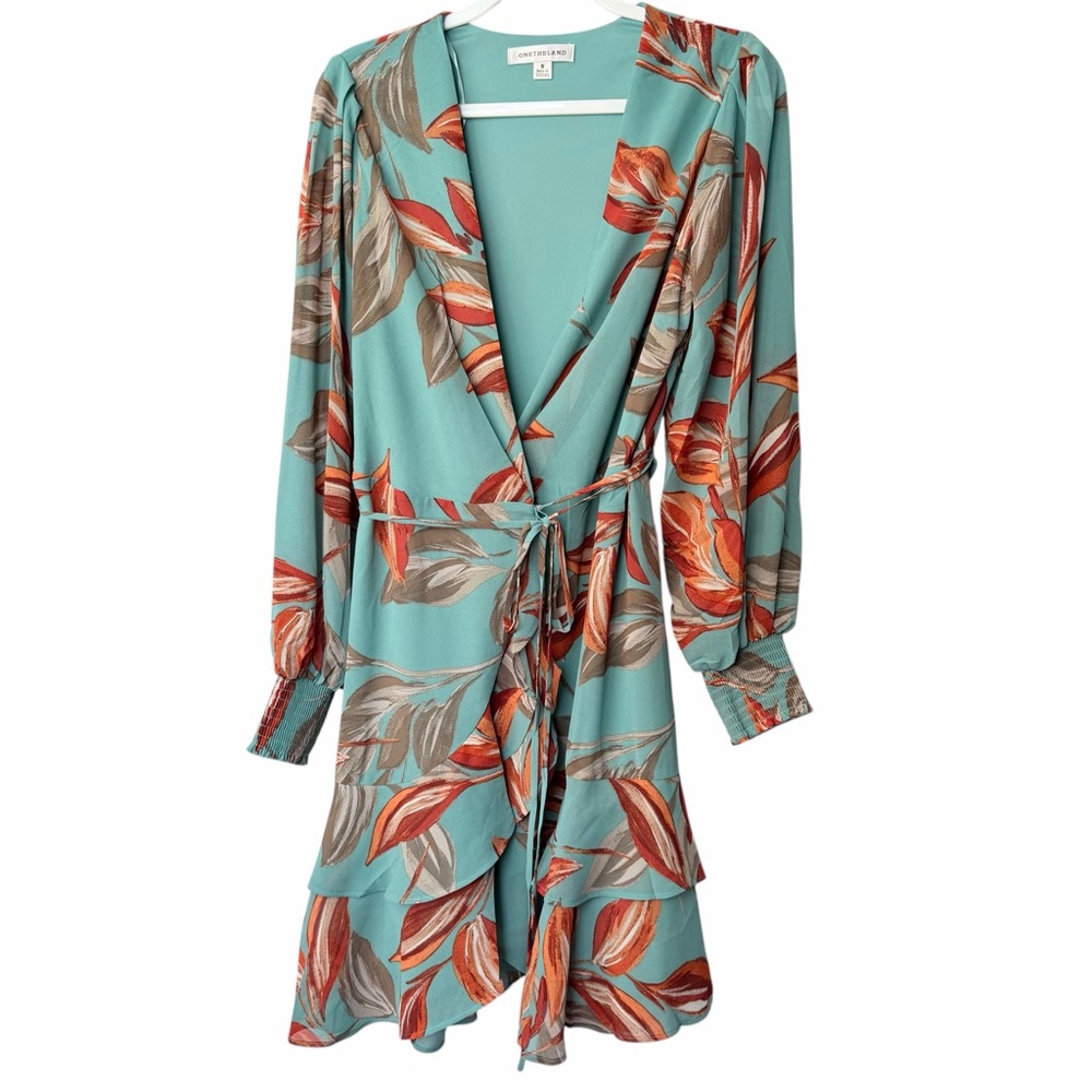 NWT Boutique Long Sleeve Blue & Orange Flowy Floral Wrap Mini Dress, Sm, M, Lg - Picture 4 of 9